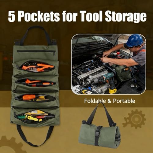 Tool Bag Roll Up,Heavt Duty Tool Organizer Portable Tool Storage Bags Waterproof Oxford Cloth-Zipper Pouch for Men Mechanic, Electricians, Repairman, Green