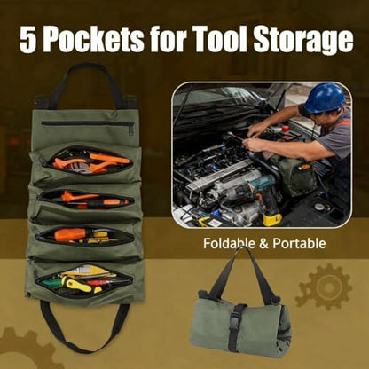Tool Bag Roll Up,Heavt Duty Tool Organizer Portable Tool Storage Bags Waterproof Oxford Cloth-Zipper Pouch for Men Mechanic, Electricians, Repairman, Green