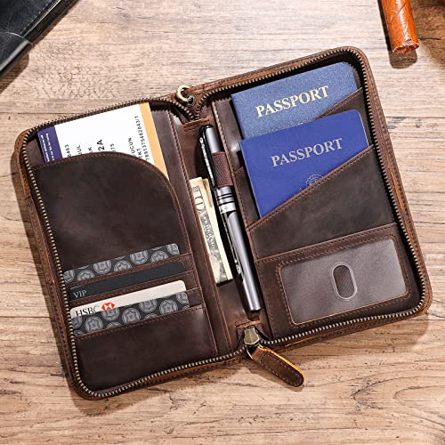 Polare Full Grain Leather Passport Holder With YKK Zipper RFID Blocking Travel Document Organizer Ticket Holder Cover Case Holds 2 Passports (Dark Brown) - color: Dark Brown