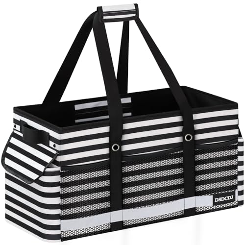 Extra Large Utility Tote Bag with Reflective Strip, Standing Reusable Grocery Bags with Hard Bottom, Collapsible Utility Tote with Handles for Shopping, Beach, Picnics, Car, Striped Black - color: Striped Black