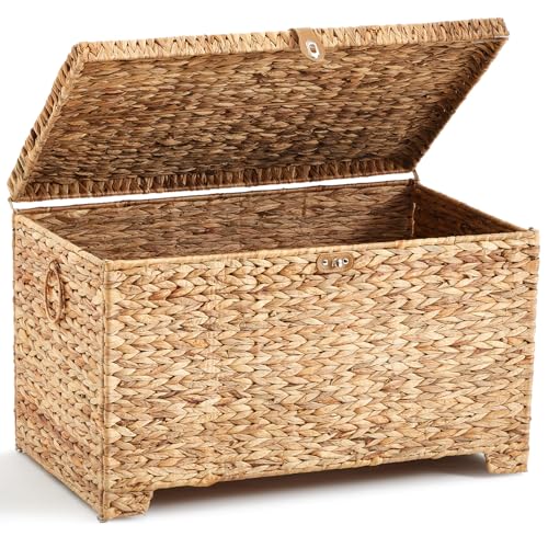 Wonderjune 30 x 18.5 x 18.1'' Water Hyacinth Wicker Storage Trunk with Metal Frame, Heavy Duty Storage Chest with Lid Large Rattan Basket for Blankets Seasonal Clothes Extra Bedding(Natural, Flat Lid) - color: Natural, size: 30 x 18.5 x 18.1'', style: Fla