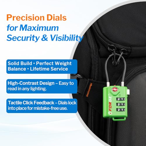 Forge TSA Approved Luggage Locks, Re-settable Combination with Alloy Body(Green 2 Locks) - color: Green 2 PK