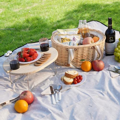 Picnic Basket Set for 2 - Wicker Insulated Picnic Basket with Waterproof Blanket, Folding Wine Picnic Table & Cutlery Kits, Picnic Baskets Kit for Camping, Outdoor, Valentine (White Flower)