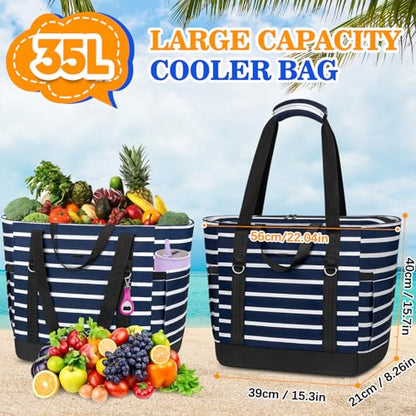 HUANLANG Soft Cooler Bag Insulated for Travel,Large Insulated Grocery Bags with Zippered Top,PEVA Collapsible Food Delivery Cooler Bag for Beach, Travel, Picnics - color: Dark Blue and White