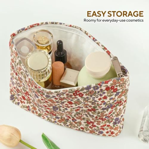 3Pcs Floral Makeup Bags, Cosmetic Bags for Women, Large Capacity Corduroy Makeup bag Set and Portable Mini Makeup Bag,Aesthetic Women Handbags Purses, Travel Essentials Aesthetic Stuff (Floral 01)