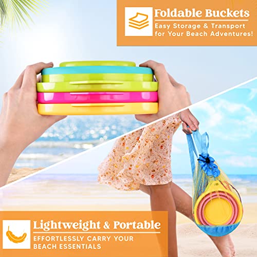 JOYIN Foldable Beach Bucket Set - 3 Packs Collapsible Toy Buckets with Shovels and Mesh Backpack for Kids Toddlers Party, Camping Gear, Travelling, Fishing Water Pail (Pink/Purple/Green) - color: Pink/Purple/Green