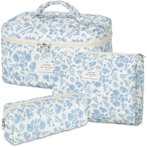 senbowe Floral Makeup Bag, 3 Pack Large Cotton Quilted Makeup Bag Set, Cute Floral Coquette Aesthetic Toiletry Bag Make Up Cosmetic Bag for Women, Toiletry Travel Make Up Organizer Bag - color: Blue-White