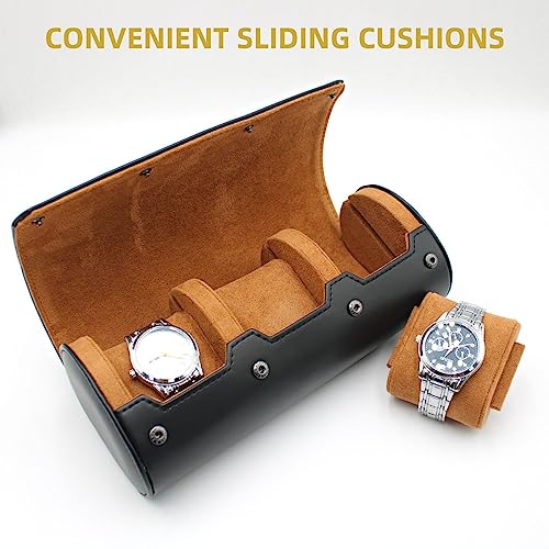 Watch Travel Case Portable Organizer - Luxury Watch Roll Travel Box Recycled Leather Watch Storage and Display for Men and Women (WCASE-3-BLACK) - color: BLACK, size: Three slots