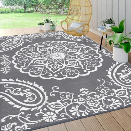 Pauwer Waterproof Outdoor Rug 8x10, Reversible Plastic Straw Patio Camping Rug, Indoor Outdoor RV Mat Carpet for Deck, Camper, Porch, Balcony, Backyard, Picnic, Boho Grey - color: Boho Grey, size: 8' x 10' (Rectangular)