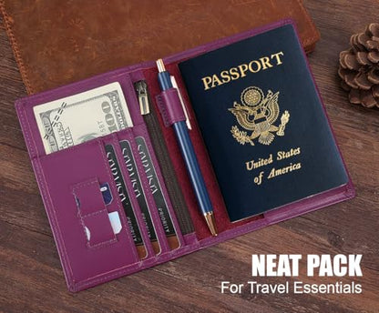 STAR VISTA Phoenix Leather Passport Holder, Calfskin Travel Wallet - RFID Blocking, ID Window, Zipper Pocket, Pen & Notebook Included, Violet - color: Violet Calfskin