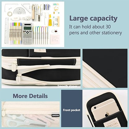 MAMUNU Expandable Pencil case with compartments, Large Capacity Pencil Cases Pencil Bag Pouch Office School, Portable Pencil Case Large School Stationery Organizer, Makeup Cosmetic Bag (Black) - color: Black