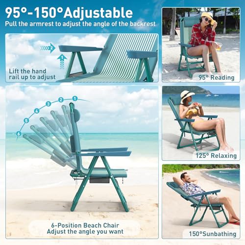 Suteck Tall Beach Chair 2 Pack, Backpack Beach Chair for Adults with 6-Position, Cooler Bag, Cup Holders, Folding Beach Camping Chairs for Camping, Outdoor, Sand, Travel Use - color: Green Small Striped