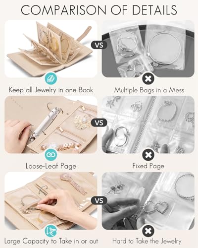 VLANDO Travel Jewelry Organizer Case,Jewelry Storage Book Ring Binder with Clear Zipper Velvet Pouch Bag for Traveling,Rings,Necklace,Earrings,Bracelets,Brooches-Toffee - color: 02.Toffee