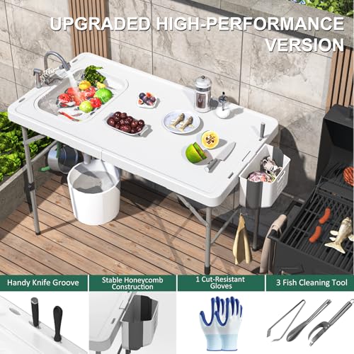 Folding Fish Cleaning Table with Sink, 50"x27" Bi-Folding Portable Camping Sink Station with Drain Hose, Trash Can, Gloves and Cleaning Kits, Foldable Outdoor Sink for Camping, Fishing, BBQ - style: Fish cleaning table Bi-Folding