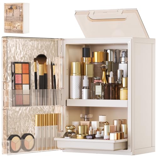 HAIXIN Makeup Organizer with Drawer & Brush Holder, Plastic Cosmetic Display Cases, Large Vanity Organizer Countertop Waterproof for Skincare, Perfume, Bathroom & Dresser (White & Amber) - color: White & Amber