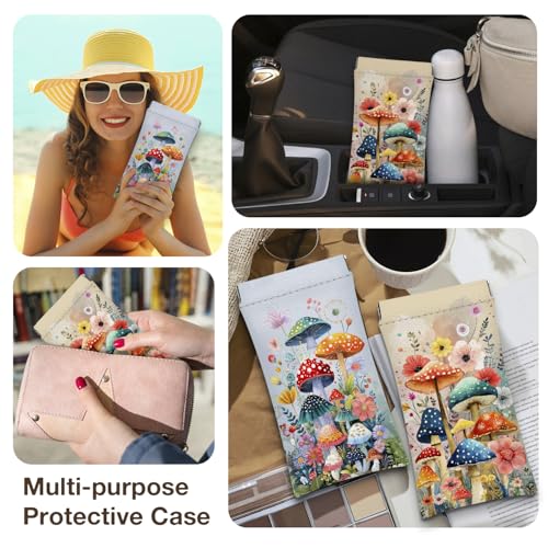 Eyeglasses Sunglasses Case PU Soft Squeeze Top Glasses Pouch for Women Student,Floral Pattern Portable Anti Scratch - color: Blue-mushroom03