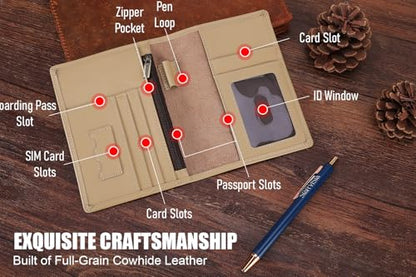 STAR VISTA Phoenix Leather Passport Holder, Calfskin Travel Wallet - RFID Blocking, ID Window, Zipper Pocket, Pen & Notebook Included, Ivory - color: Ivory Calfskin