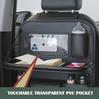 2 Pack Leather Car Backseat Organizer with Foldable Table Tray, Universal Car Seat Back Protector Kick Mat with Touchscreen Tablet Holder, Storage Pockets, Cup Holders & Tissue Holder, Black - color: Black