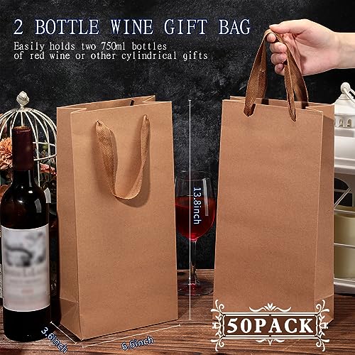 Yeaqee 50 Pack Wine Bags for Wine Double Bottles Gifts Carriers 6.6x3.6x13.8 Craft Bottle Bags Bulk with Handles Paper Tumbler Carriers, Party Gift Pocket with Handle(Brown) - color: Brown