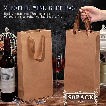 Yeaqee 50 Pack Wine Bags for Wine Double Bottles Gifts Carriers 6.6x3.6x13.8 Craft Bottle Bags Bulk with Handles Paper Tumbler Carriers, Party Gift Pocket with Handle(Brown) - color: Brown