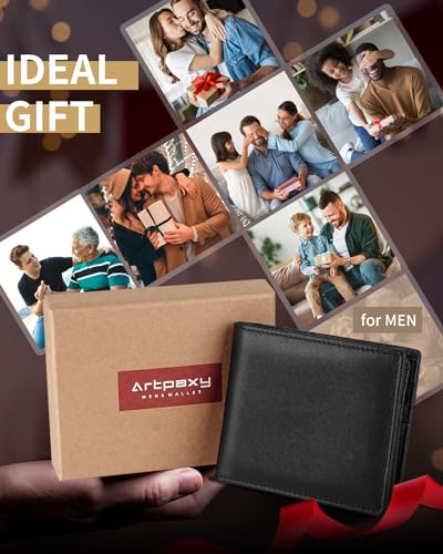 Artpaxy Mens Wallet Genuine Leather Bifold RFID Blocking Wallet for Men with 1 ID Window 13 Card Holders 2 cash pockets 1 Gift Box - color: Black