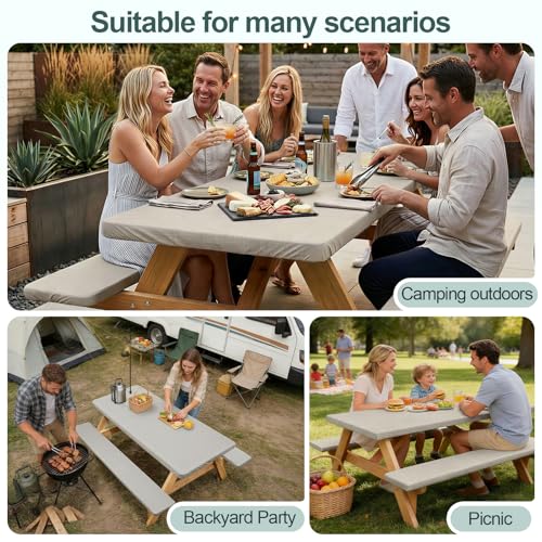 Picnic Table Cover with Bench Covers Camping Essentials Waterproof Windproof Camping Tablecloth with Drawstring Bag, Fitted Rectangle Tables and Seats, 72in, Beige Linen Texture - color: Beige Linen Texture, size: 72in