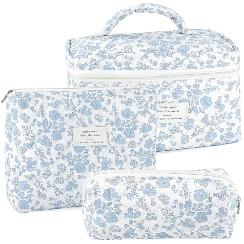 URSKYTOUS 3Pcs Makeup Bag Quilted Cosmetic Bag Set Bow Travel Large Makeup Pouch for Women Cute Portable Cotton Toiletry Bag Skincare Organizer Coquette Vintage Travel Essential - color: MH 3PCS White Blue