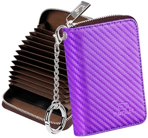 FurArt Zipper Wallet Women, RFID Blocking Credit Card Wallet, Business Card Holder, Compact Size KeyChain Wallet - color: Carbon Fiber Purple