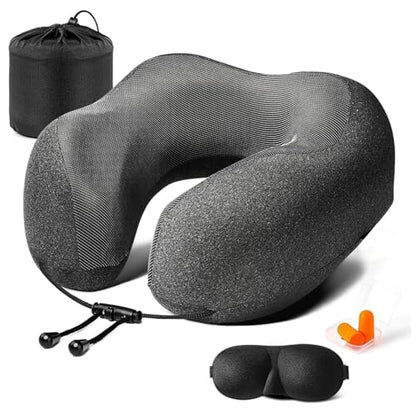 Ergonomic Travel Pillow with Memory Foam Core, Washable Cover & Kit for Airplane and Car