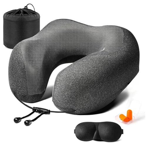 Ergonomic Travel Pillow with Memory Foam Core, Washable Cover & Kit for Airplane and Car