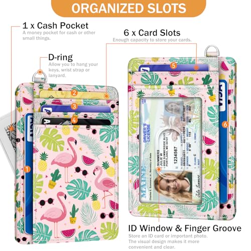 Yonlevres Flamingo Credit Card Holder Slim Wallet Women, Tropical Leaf RFID Blocking Small Wallet Woman, Front Pocket Travel Cute Thin ID Window PU Leather Mini Organizer Case Purse Gift Girls Ladies - color: Flamingo