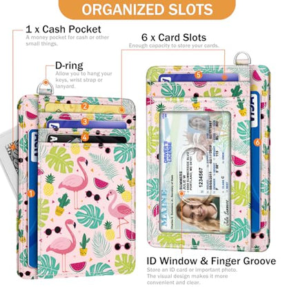 Yonlevres Flamingo Credit Card Holder Slim Wallet Women, Tropical Leaf RFID Blocking Small Wallet Woman, Front Pocket Travel Cute Thin ID Window PU Leather Mini Organizer Case Purse Gift Girls Ladies - color: Flamingo