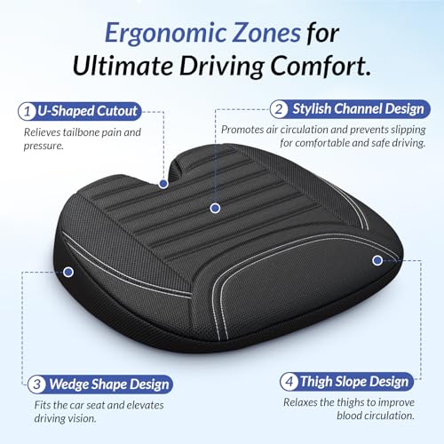 ZIKEE Wedge Car Seat Cushion for Tailbone Pain Relief & Better Visibility, Ergonomic Memory Foam Seat Cushion for Car with Breathable Channel Design, Fits Car, SUV, Truck, Non-Slip Mesh Cover