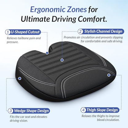 ZIKEE Wedge Car Seat Cushion for Tailbone Pain Relief & Better Visibility, Ergonomic Memory Foam Seat Cushion for Car with Breathable Channel Design, Fits Car, SUV, Truck, Non-Slip Mesh Cover