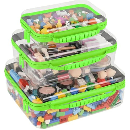 3 Pack Clear Hard Shell Zipper Cases with Handle, Waterproof Toiletry Bag for Travel, Diaper Bag Organizer Pouches, Nesting Pouches for Makeup, Toys, Snack Pouches, Stationery (Green) - color: Green
