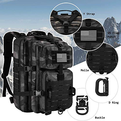 Hannibal Tactical MOLLE Assault Pack, Tactical Backpack Military Army Camping Rucksack, 3-Day Pack Trip w/USA Flag Patch, D-Rings, Black Camo - color: Black Camo
