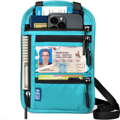 Neck Wallet for Travel, RFID Blocking Passport Holder - Slim Travel Pouch with Adjustable Strap | Holds Phone, Cards, Cash, Documents | Water-Resistant & Secure for Men & Women - color: Blue