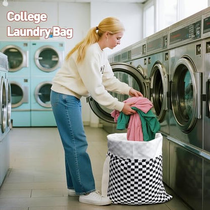 Laundry Bag, Dirty Backpack Laundry Bag For College Travel Laundromat Apartment, With Handles 29" X 18" (Black White Checkered) - color: Black White Checkered