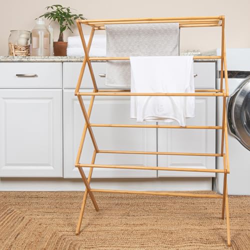 Household Essentials Bamboo Folding Clothes Drying Rack, Upscale Laundry Rack with 11 Dowels, Environmentally Friendly, Stable Frame, Shelf for Drying Flat - color: Natural Bamboo