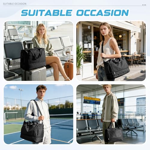 Small Black Gym Duffle Bag for Women Men with Shoe Compartment, Mini Cute Weekender Handbag Carry on Travel Bag for Airplane, Water Resistant Sports Yoga Tote Bag with Dry Wet Separated Pocket. - color: A1-Black with Shoe Compartment
