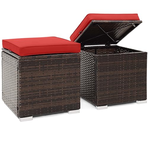 Tangkula 2 Pieces Patio Ottomans, Patiojoy Hand-Woven PE Rattan Side Table with Removable Cushion & Hidden Storage Space, Multifunctional Storage Box, Seat for Patio, Backyard, Poolside (Red) - color: Red, size: 16"D x 16"W x 15.5"H