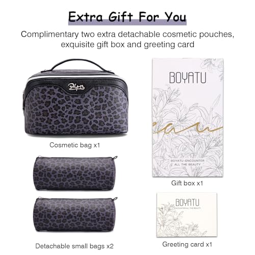 BOYATU Travel Makeup Bag Organizer: 3 Pcs Set Leopard Make up Bag for Women | Vegan Leather Cosmetic Bags with Compartments - Waterproof Toiletry Bag - 180° Open-Flat Make up Case for 3-15 Day Trips - color: 04-Purple