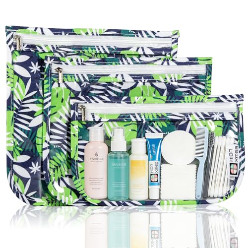 HIONXMGA TSA Approved Toiletry Bag, Set of 3 Clear Travel Toiletry Bag Quart Size Zipper Travel Pouch, Waterproof Makeup Cosmetic Bag for Women Men Kids Toiletries Carry on, Green Leaves - color: Green Leaves, Mixed Sizes