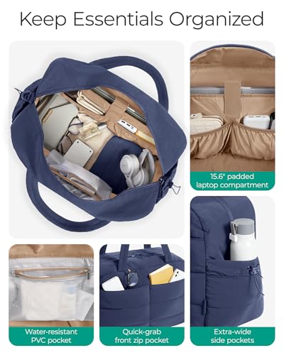 BAGSMART Gym Bag for Women, Lightweight Puffer Duffle Bag 2-PC Travel Bag, 31L Weekender Overnight Bag Quilted Carry On Tote Bag, Diaper Hospital Dance bag for Travel, Gym, Water Resistant, Navy Blue - color: Navy Blue