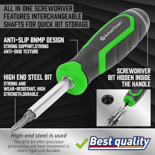 Amartisan 18-in-1 Multi-bit Screwdriver Set Tool All in One, Portable Multi-Purpose Screwdriver, Slotted/Philips/Pozi/Torx/Square,Nut Driver (Green) - color: Green, size: 18-in-1 Multi-bit Screwdriver Set