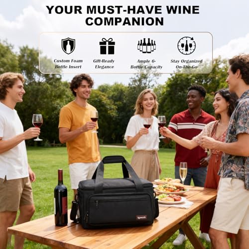6 Bottles Wine Bag for Travel, Wine Suitcase with Double-Layer Shock-Absorbing Foam, Protective Carrier for Airplane Travel, 6 Bottles Carrying Bag for Travel & Camping, Holidays Gift for Wine Lovers