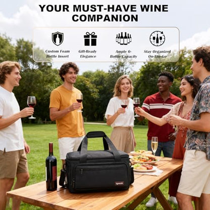 6 Bottles Wine Bag for Travel, Wine Suitcase with Double-Layer Shock-Absorbing Foam, Protective Carrier for Airplane Travel, 6 Bottles Carrying Bag for Travel & Camping, Holidays Gift for Wine Lovers