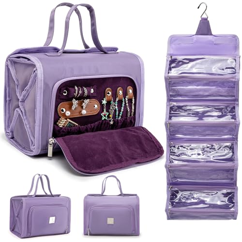 ROYALFAIR Roll Up Makeup Bag, Waterproof Toiletry Bag for Women, Hanging Travel Organizer bags with Jewelry Organizer Compartment, Extra Large 4 Clear TSA Approved Pouches Cosmetic Makeup (violet) - color: Purple