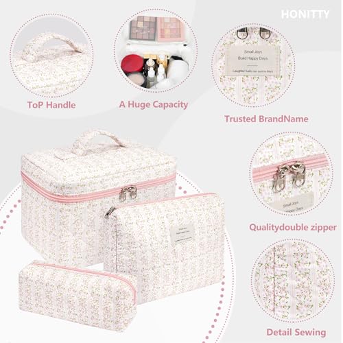 honitty Makeup Bag,Quilted Cosmetic Bags,Large Floral Make Up Organize bag,Makeup Bag Set for Women,Flower Travel Toiletry Bag - color: Pink flower