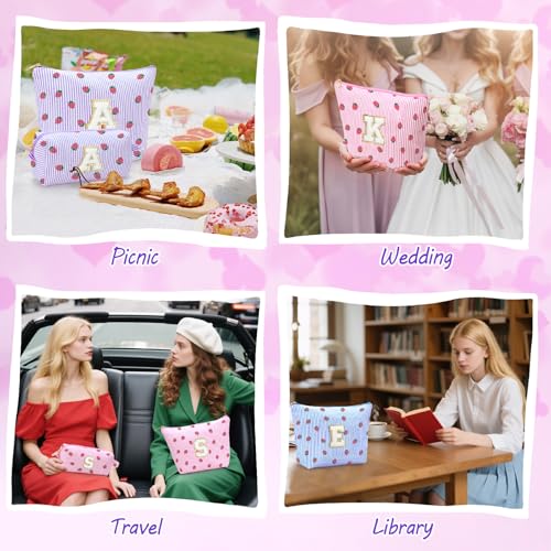 Personalized Initial Makeup Bag,Strawberry Print Preppy Cosmetic Toiletry Travel Bag,Trendy Letter Makeup Pouch for Teen Girls and Women,Holiday & Birthday Gift,2 Pack (C, Pink Strawberry) - style: C